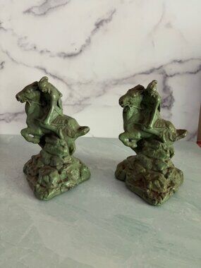 Vintage 1930s ARMOR BRONZE Bookend Pair Native American Rider Horse Bow
